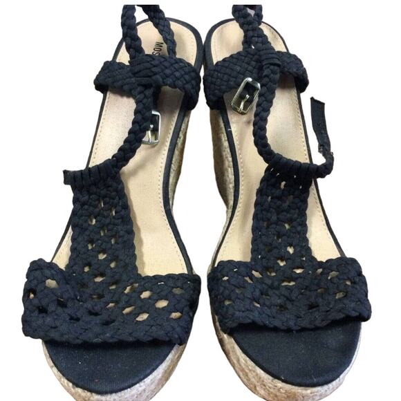 Mossimo Supply Co Women's Black Wedge Sandals Size 7 Open Toe Lace Strap 3 7/8” - Picture 1 of 12
